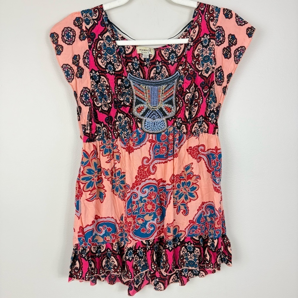 One World Boho Top Womens Small Pink Blue Paisley Floral Embroidered Blouse